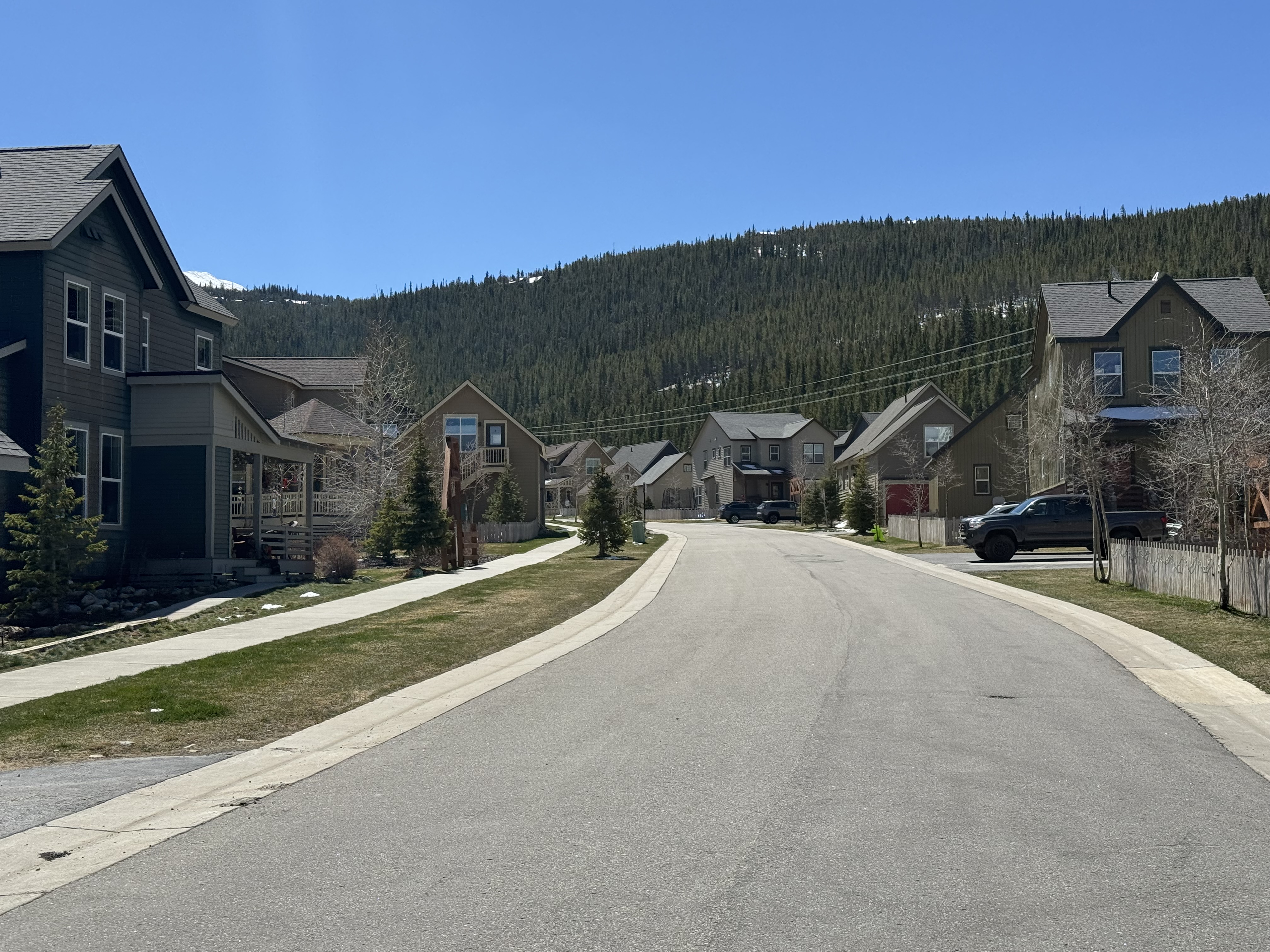 View down Bridge Street through the neighborhood, the shop is roughly halfway down on the left